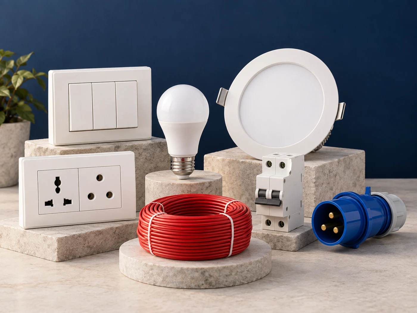 Electrical essentials arranged together: switches, LED lights, copper wire, circuit breaker and industrial plug
